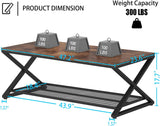 Rustic Coffee Table with Storage, Industrial Wood Metal 2 Tier Center Living Room Table with Mesh Shelf