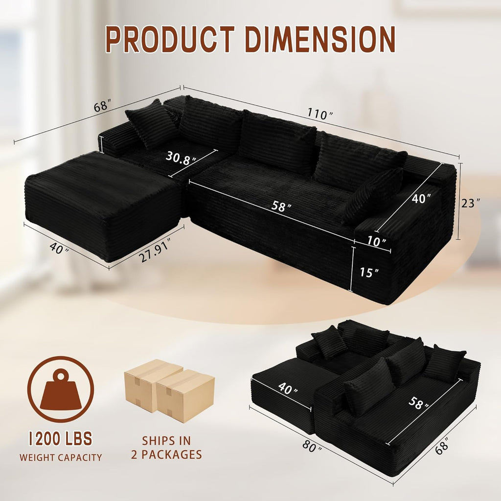 110" L-Shaped Modular Sectional Sofa with Chaise, Boneless Comfy Corduroy Fluffy Couch with Deep Seat and Side Pockets