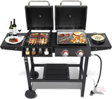 2-Burner Propane and Charcoal Grill Combo with Cast Iron Grates and Stainless Steel Flat Top Griddle for Outdoor BBQ