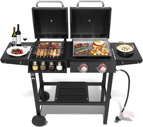 2-Burner Propane and Charcoal Grill Combo with Cast Iron Grates and Stainless Steel Flat Top Griddle for Outdoor BBQ