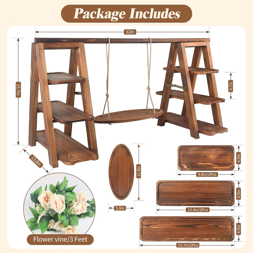 Wooden 3 Tier Cupcake Stand with Swing and Flower Decoration Serving Removable Tray Display Serving Ladder Foldable