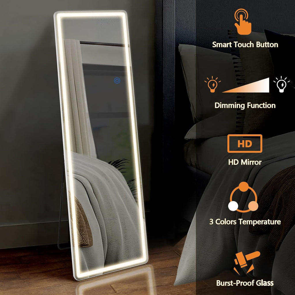 Full Length Mirror with LED Lights, 65"x21" Lighted Floor Mirror with Dimming & 3 Color Lighting, Stand , Dressing Room