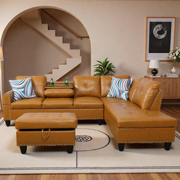 Leather L-Shaped Couch Set, 97.5"L x 69.5"W Sectional Sofas Ginger