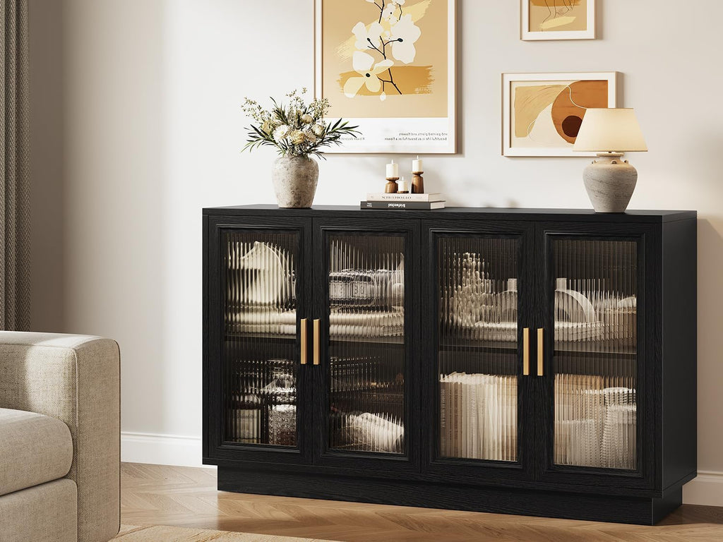 Sideboard Buffet Cabinet with Storage - 55.1" Wood Kitchen Cabinets with 4 Doors, Black Large Buffet Table