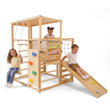 Alpine Indoor Playground, Wooden Jungle Gym for Kids with Slide