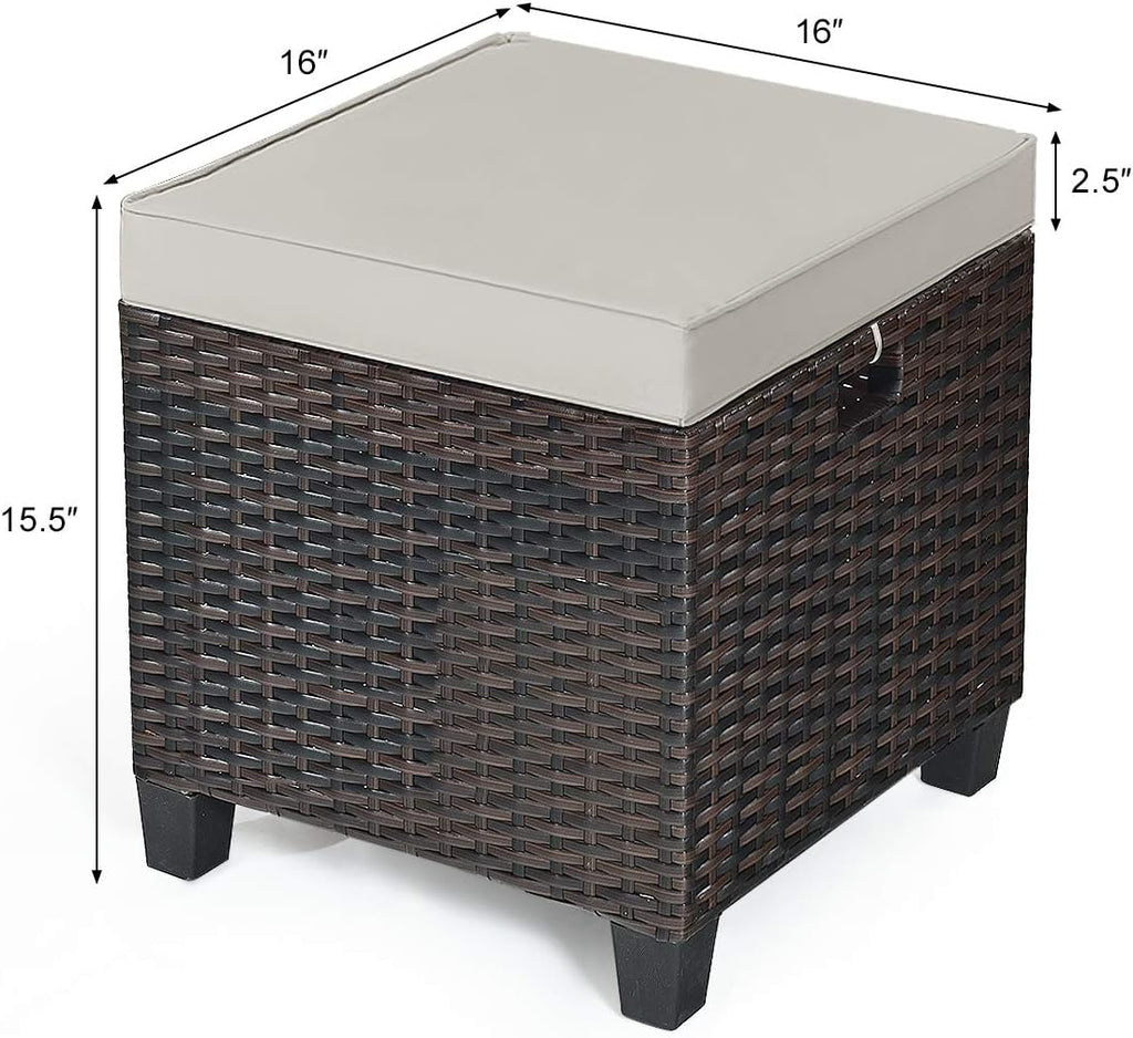 2-Piece Patio Ottoman Set - Wicker Footstools | All Weather PE Rattan Square Footstool, Removable Light Brown