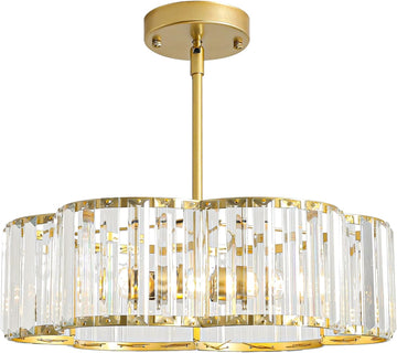 Modern Gold Crystal Chandelier for Dining Room 16 Inch | Semi Flush Mount Ceiling Light Fixture 3-Light,Round Kitchen