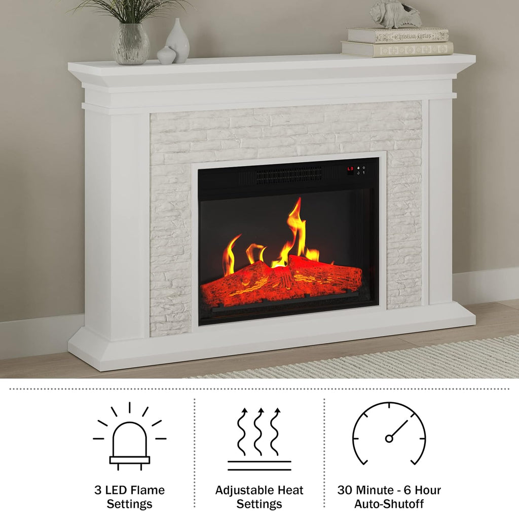 Electric Fireplace with Mantel - Freestanding Heater with Remote Control, Light-Adjustable LED Flames, and Faux Logs