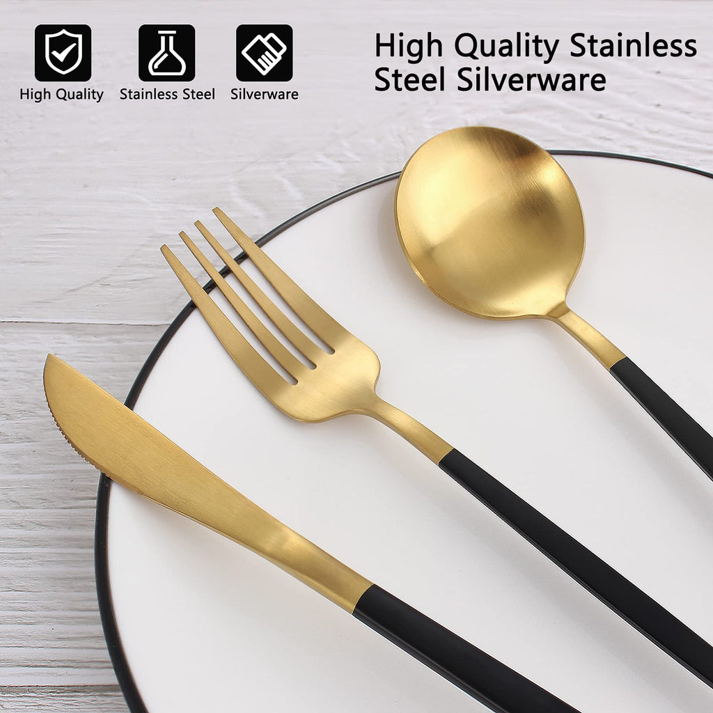 Matte Black Gold Silverware Set, 20-Piece Stainless Steel Flatware Set, Satin Finish tableware Cutlery Set, Service