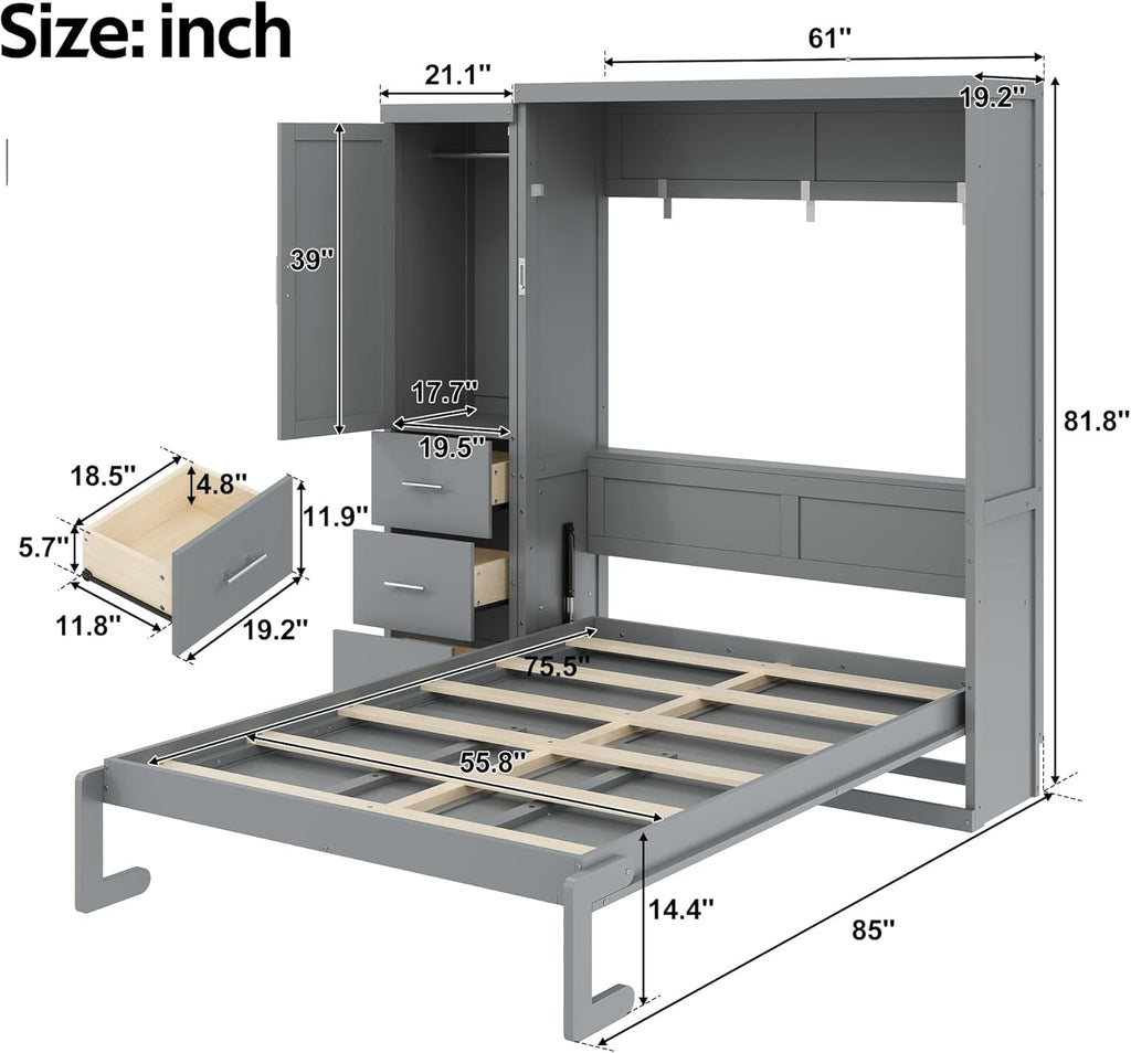 Full Murphy Bed with Storage Cabinet, Foldable Space-Saving Wood Wall Bed Frame with Wardrobe and 3 Drawers, Hidden