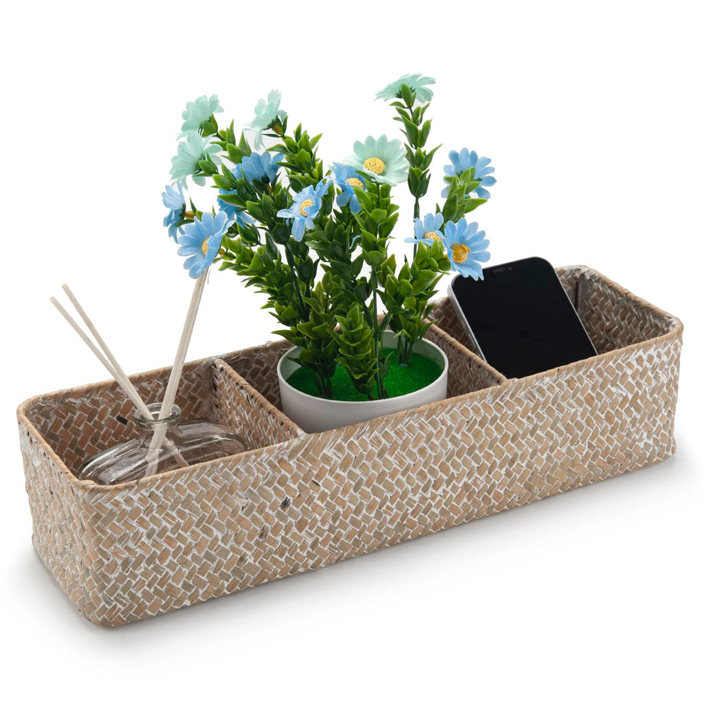 Seagrass Storage Basket 3 Sections Woven Shelf Baskets with Compartment (Whitewash, 14.6inch x 4.7inch x 3.1inch)