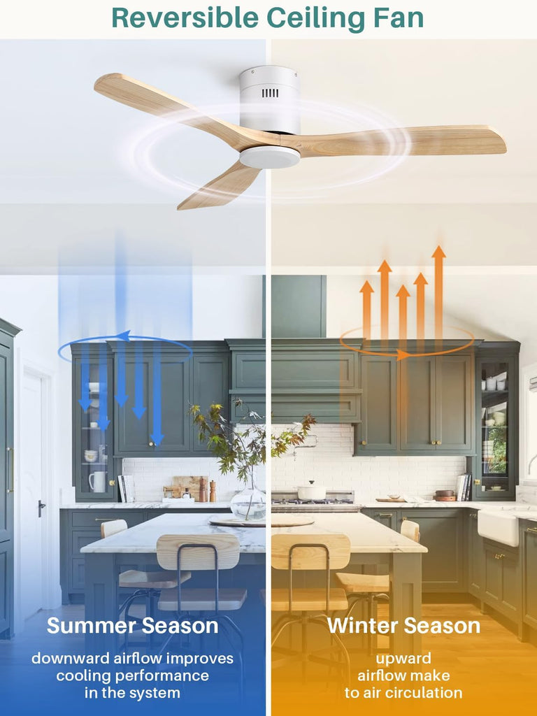 52 Inch Solid Wood Ceiling Fan Without Lights Flush Mount Ceiling Fans with Remote Control
