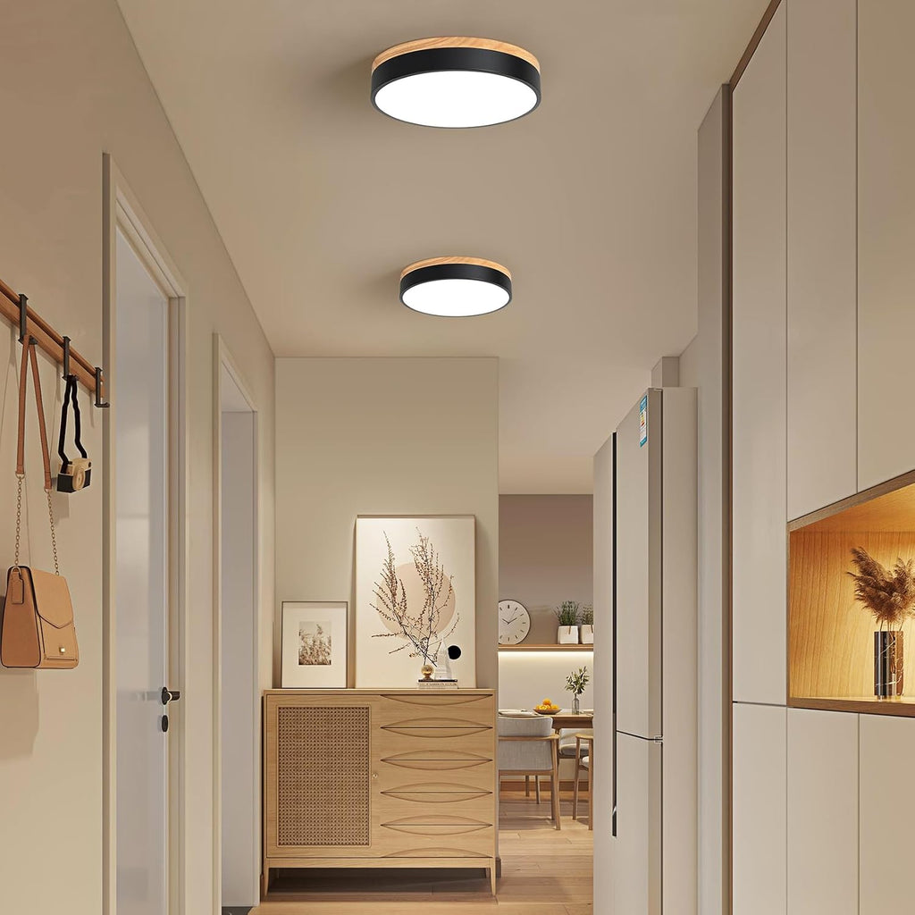Dimmable Wood Flush Mount Ceiling Light Modern Black LED Ceiling Light Fixture 2700K-6000K Minimalist Round Close to