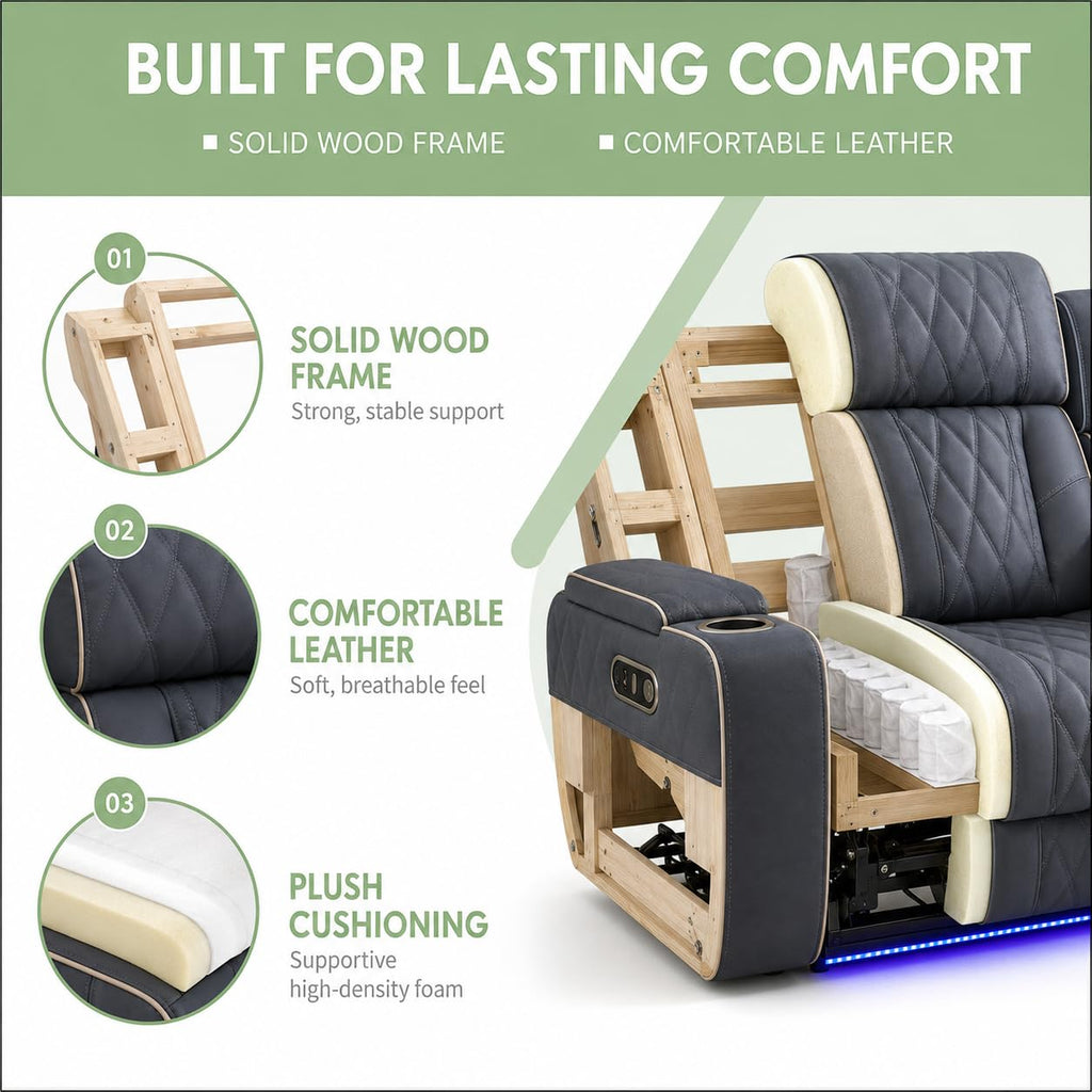 3-Piece Power Recliner Sofa Set, Leather Reclining Couch Set with Ambient LED Lights, Storage Console, USB-C Ports