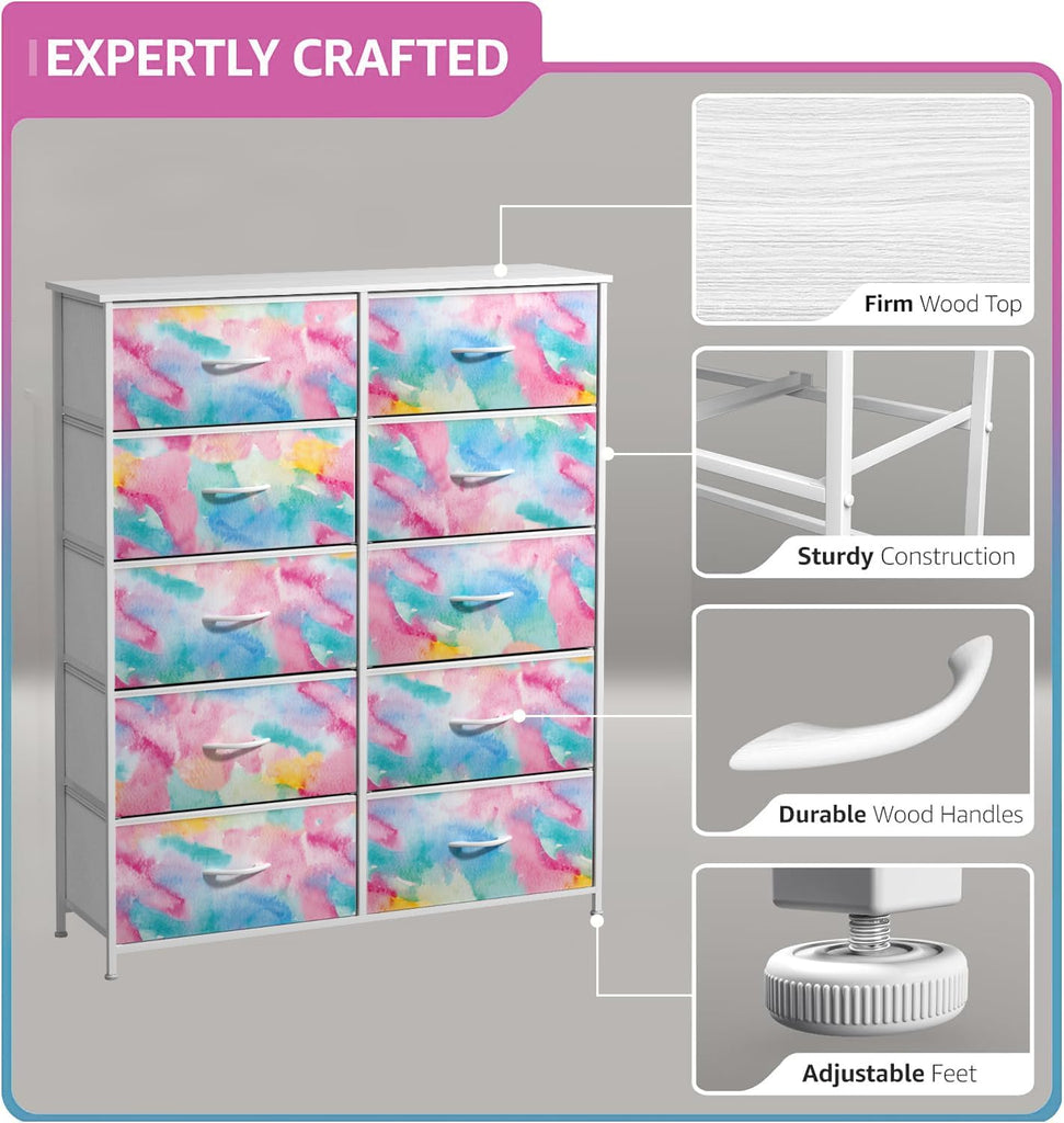 Kids Dresser with 10 Drawers - Storage Chest Organizer Unit Nightstand - Steel Frame, Wood Top, Tie-Dye Fabric Bins