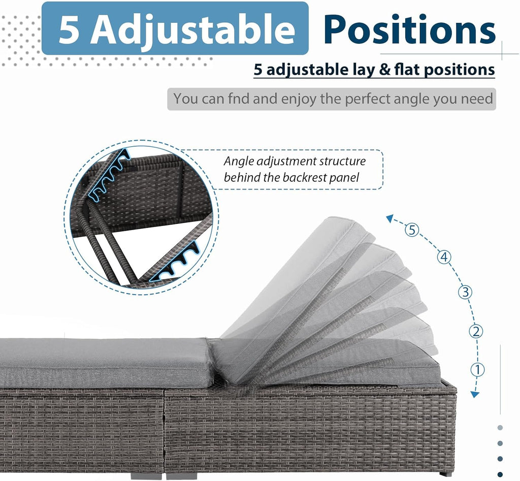 Outdoor Chaise Lounge Chair with Adjustable Backrest, 1 Piece, Gray | All-Weather PE Wicker Patio Pool Lounge Chairs