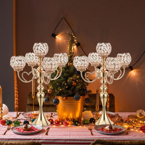 12 Sets Gold 5 Arms Candelabra Centerpiece,Metal Crystal Candlestick Holders Chandelier Crystal Beaded Candle Holder