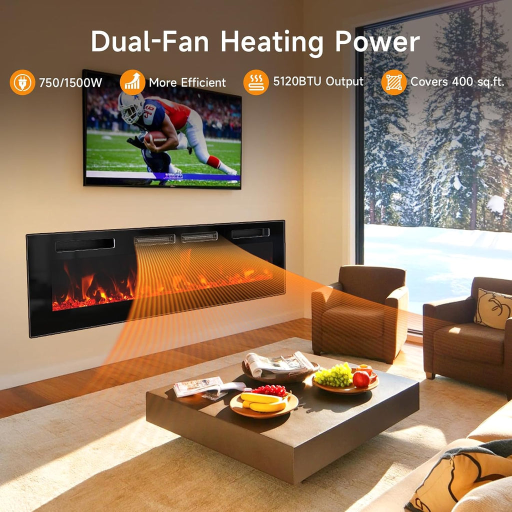 50” Electric Fireplace Insert, Ultra Slim Fireplace with 2 Heat Fans