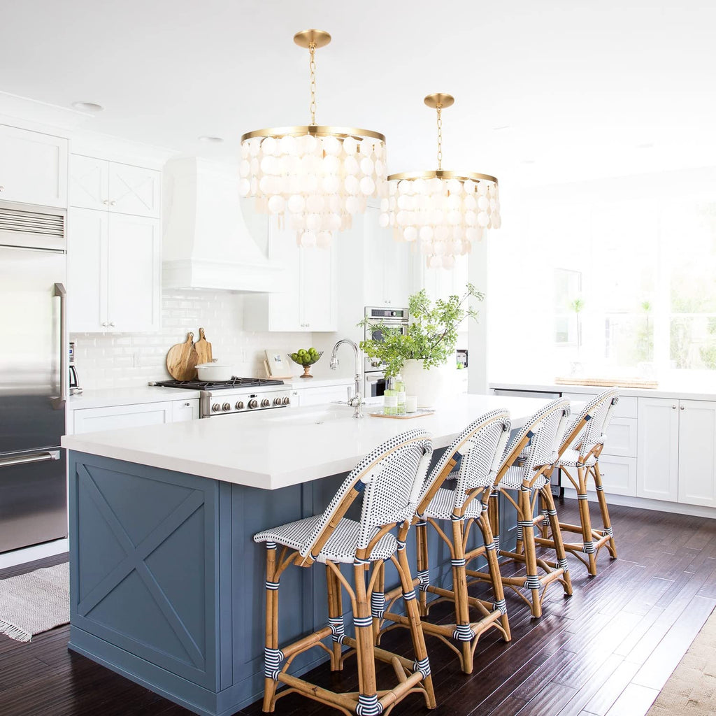18.2" White Shell Chandeliers, Brushed Brass Finish, Coastal Kitchen Island Light Fixture, 4 Light Modern Pendant