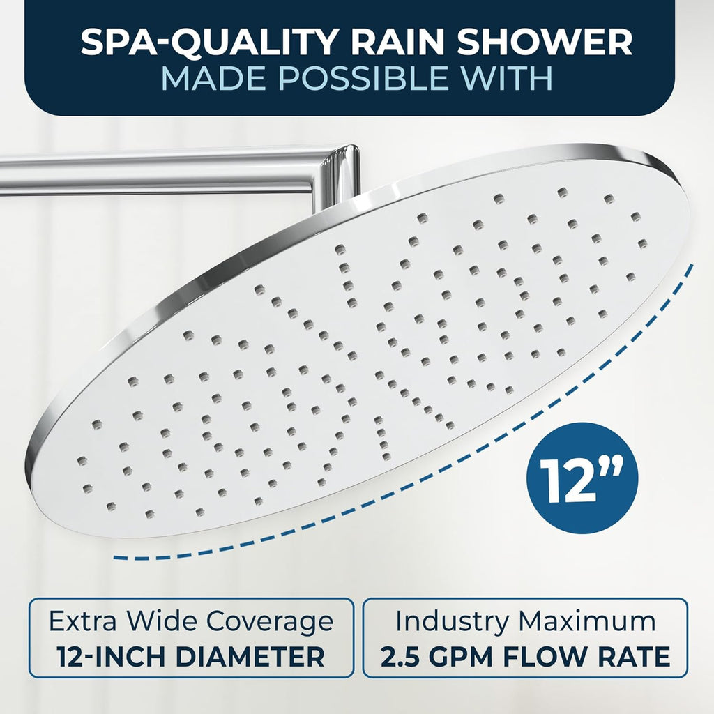 Solid Metal 12 Inch Rainfall Shower Head, Large Rain Shower Head, 2.5 GPM High Flow Shower Head Optimized for Pressure