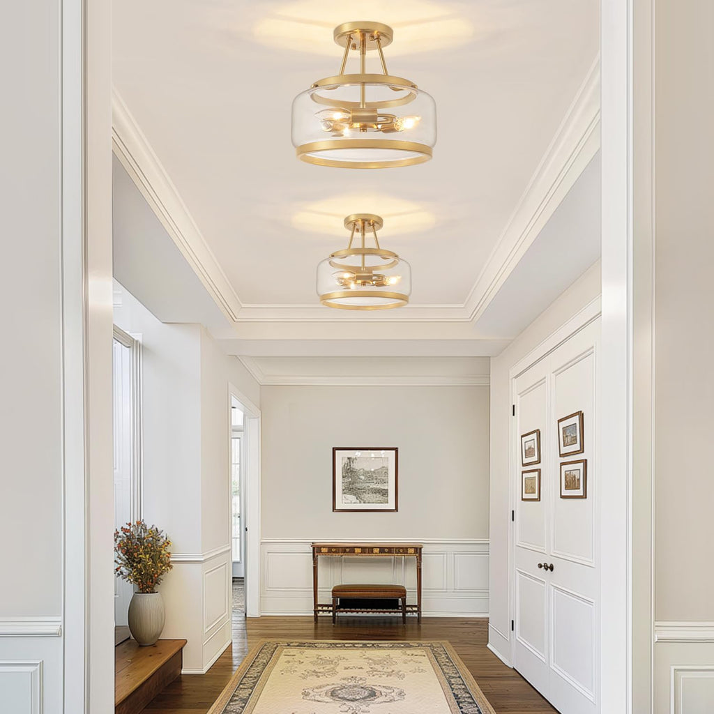 11.81" Brushed Gold Semi Flush Mount Ceiling Light, Modern Glass Drum Light Fixtures, 3-Light Golden Ceiling Lights