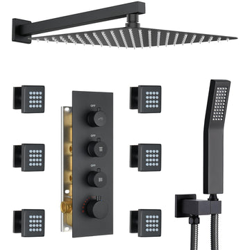 16" Thermostatic Rain Shower System with 6 Body Jets & 16-Inch Rainfall Shower Head, Full Body Shower Faucet Sets