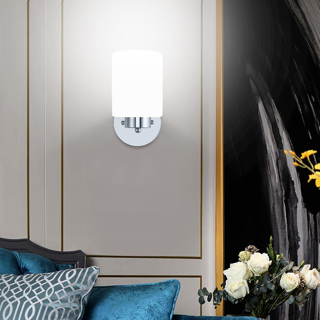 Frosted Wall Sconce Set of Two,Chrome Sconce Bathroom Lighting,Modern Chrome Vanity Light,Mid-Century Vanity Sconces