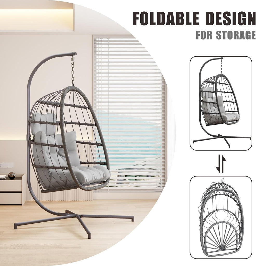 Hanging Egg Chair with Stand, Swing Hammock Chair with Cushion for Indoor Outdoor, Patio Wicker Egg Swing Chair for