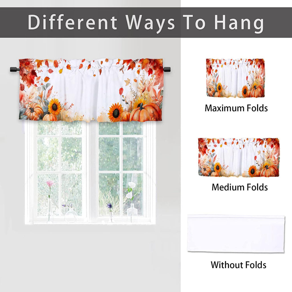 Fall Pumpkins Kitchen Curtain Valance 2 Pack Thanksgiving Maple Leaves Sunflowers Window Valance Bathroom Bedroom