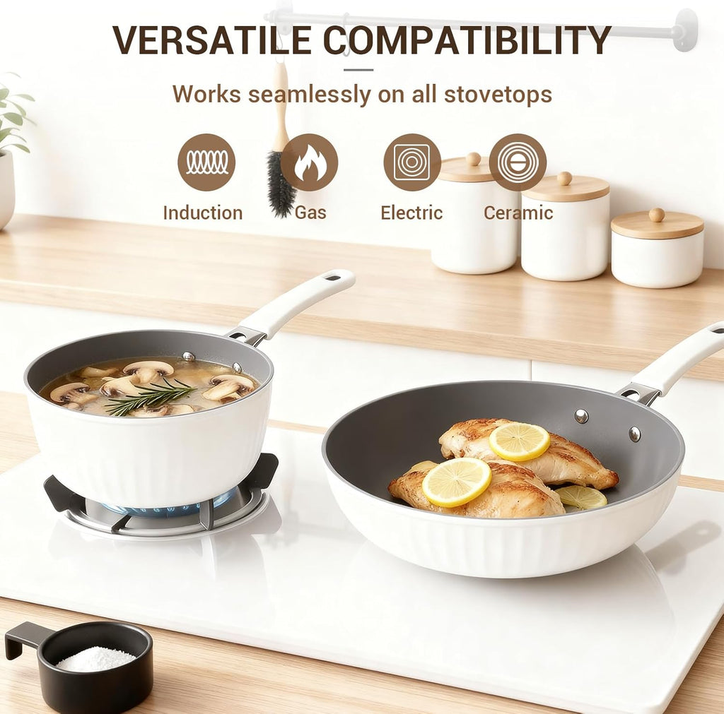 15-Piece Ribbed Ceramic Cookware Set, Pots and Pans Set Non Stick, Induction Ready, Healthy Non Toxic Kitchen Cooking
