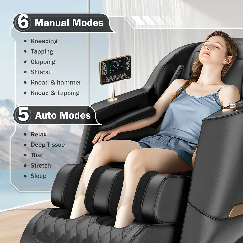 Massage Chair Full Body 53" SL-Track Zero Gravity Shiatsu, Black | Full-Body Airbags, 5 Modes, 6 Techniques, Body