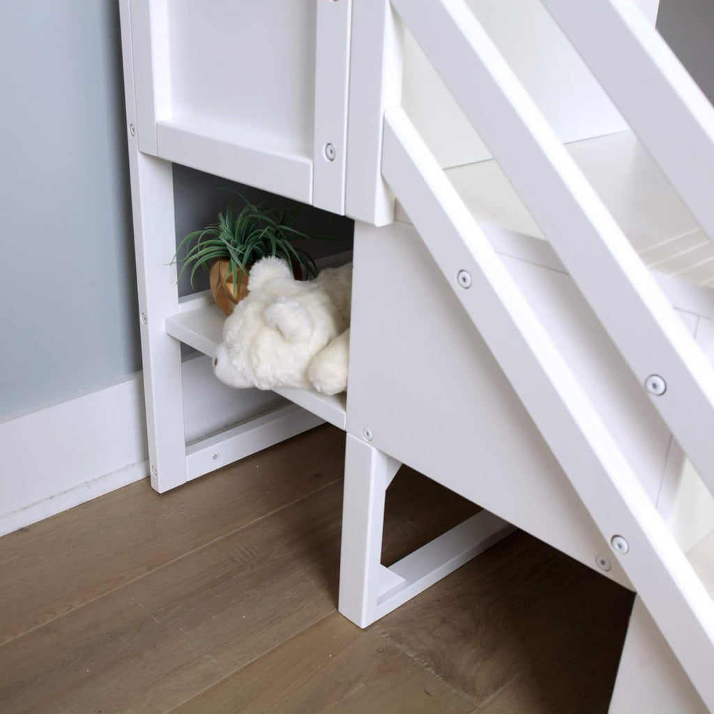 Low Bunk Bed, Twin-Over-Twin Bed Frame For Kids With Stairs, White