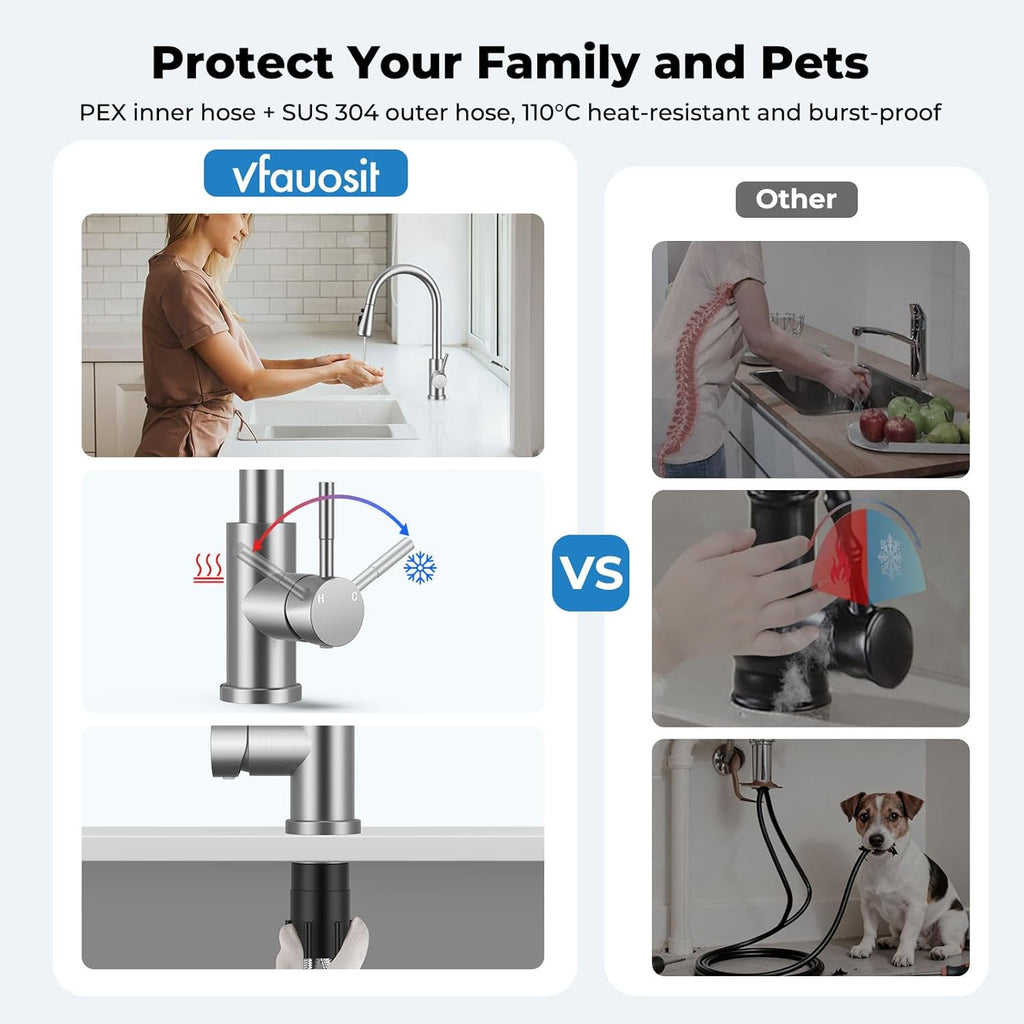 Kitchen Faucet with Pull Down Sprayer, VFAUOSIT Lead-Free Kitchen Sink Faucet Brushed Nickel Stainless Steel High Arc