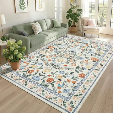 Washable Area Rug 9 x 12, Non-Slip Soft Vintage Rug, Low Pile Farmhouse Floral Carpet, Non-Shedding Indoor Foldable