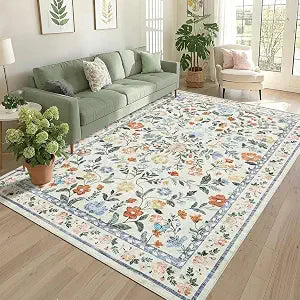 Washable Area Rug 9 x 12, Non-Slip Soft Vintage Rug, Low Pile Farmhouse Floral Carpet, Non-Shedding Indoor Foldable