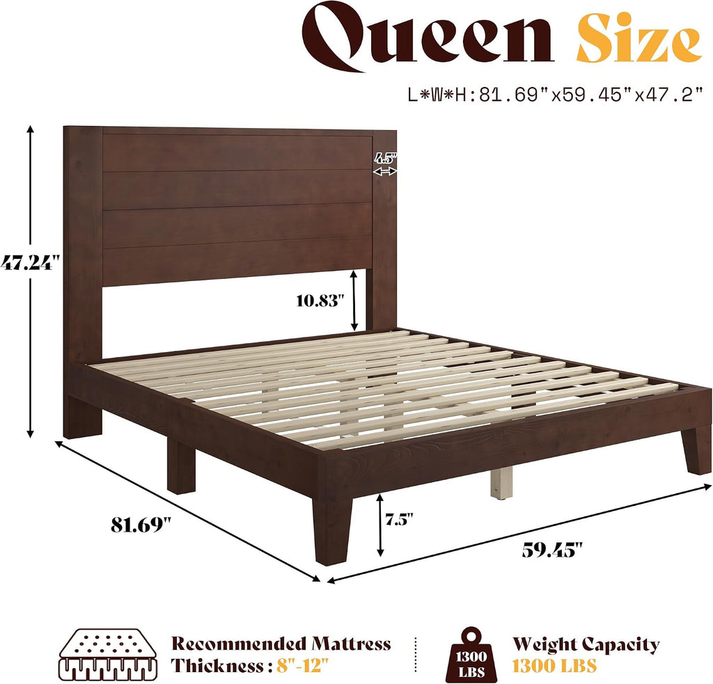 Queen Bed Frame with 48" Tall Headboard, Mid Century Modern Solid Wood Platform Bed with Silent Wood Slat System, No