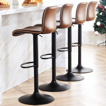 Swivel Bar Stools Set of 4, Counter Height Bar Stools with Back, Adjustable Bar Stools 24" to 32", Brown Faux Leather