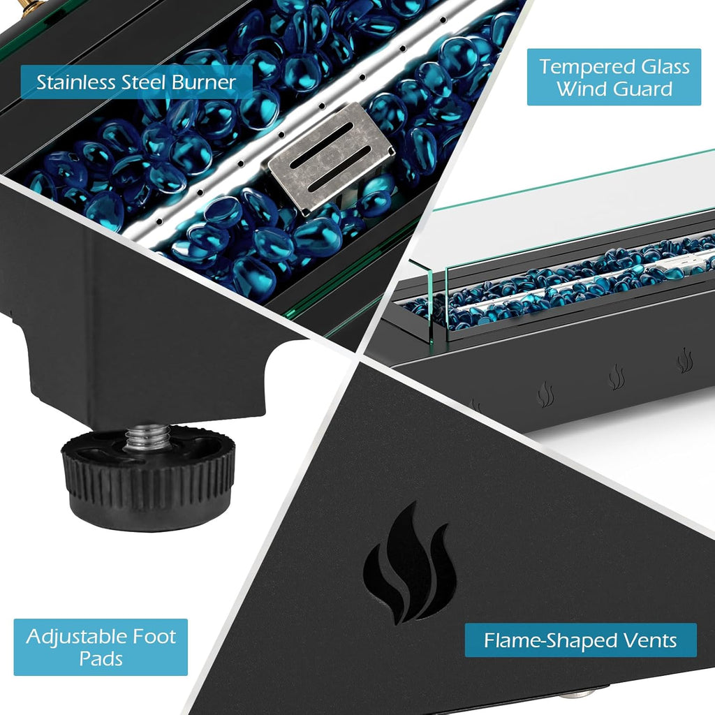 30 Inch Table Top Propane Fire Pit, 40,000 BTU Rectangular Tabletop Firepit with Wind Guard, Glass Rocks & Cover