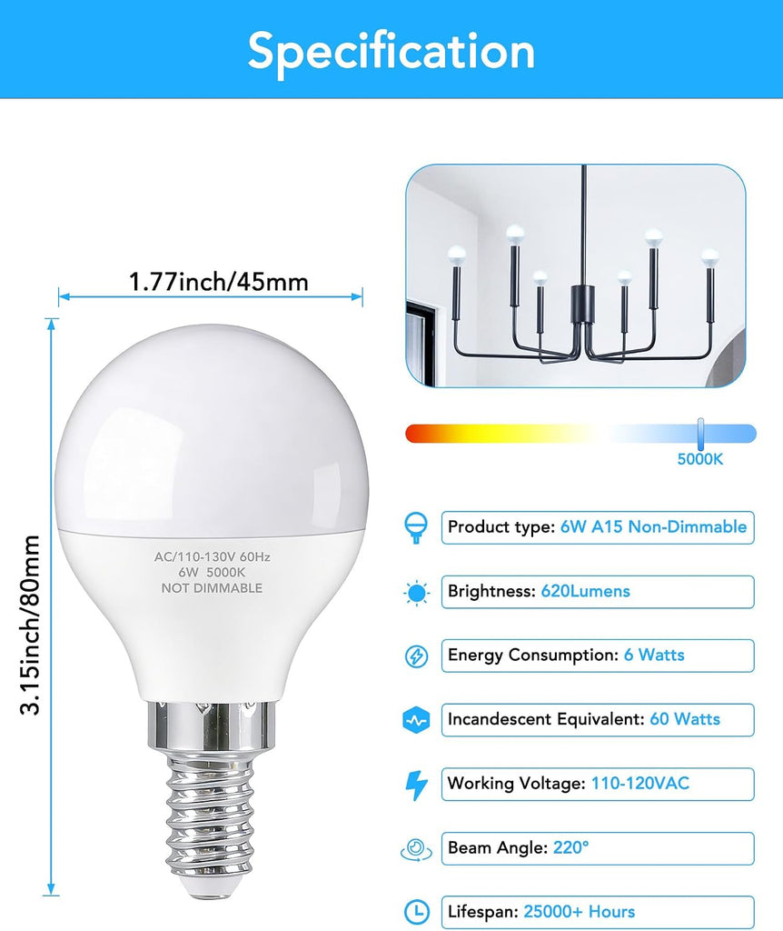 E12 LED Bulbs 60W Equivalent, E12 Small Base Candelabra Ceiling Fan Bulbs 6W 620LM, A15 Globe Bulb 85+ CRI