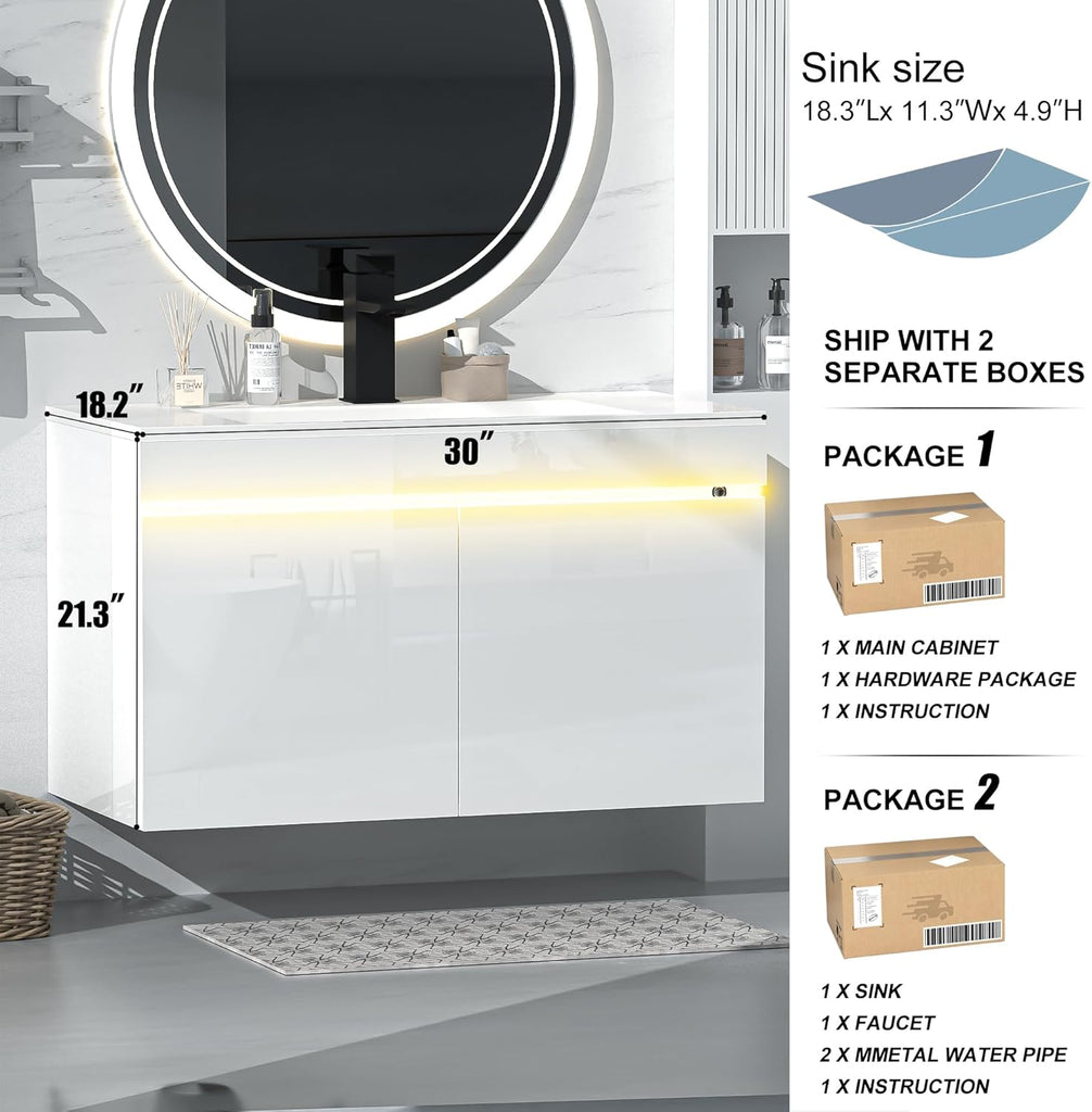 30 inch Bathroom Vanity W/Sink Combo, High Gloss Bathroom Cabinet