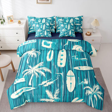 Surfing Bedding Set - Surfboard Themed Bed in a Bag, Coastal Summer Beach 7 Pieces Bed Set Bedroom Decor