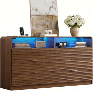 55'' Wide Fluted 6 Drawers Dresser with 2 Cubbies, LED Dressers & Chests of Drawers with Power Outlet, Fluted Dresser