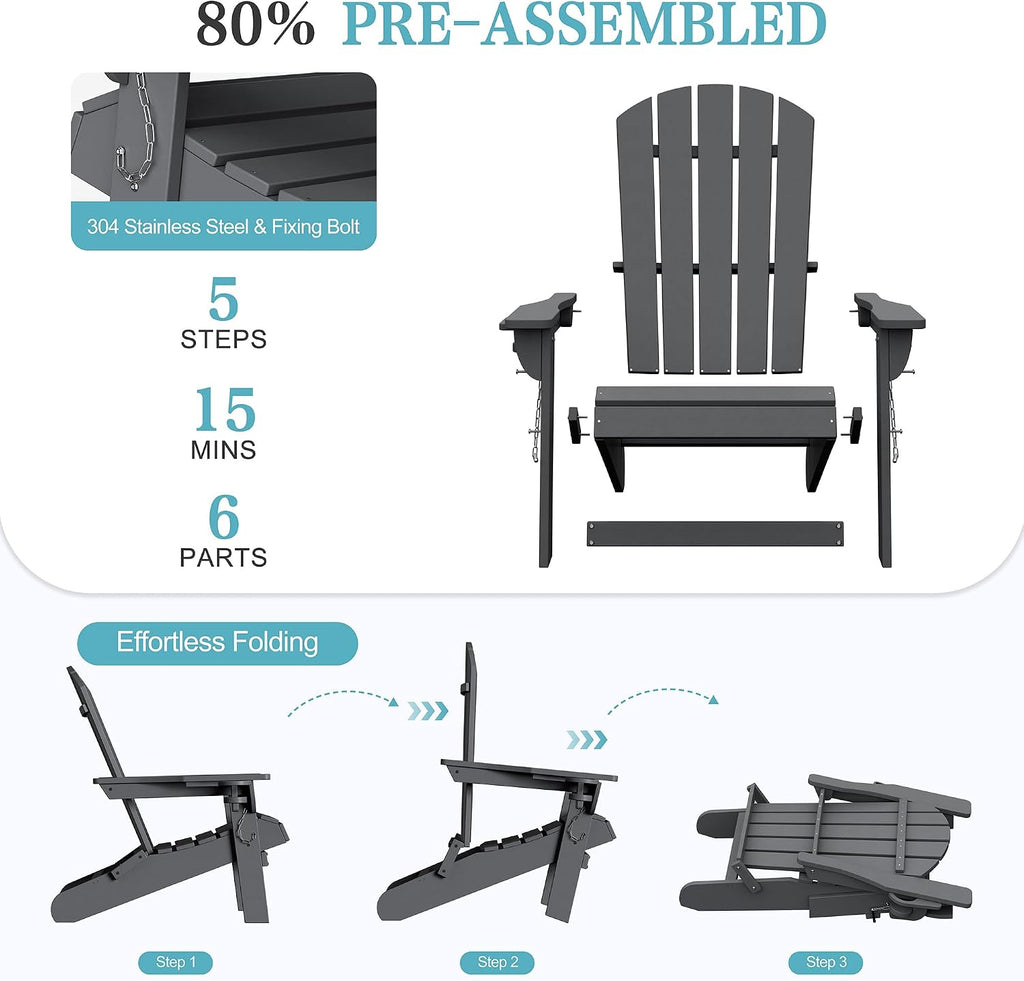 Folding Adirondack Chairs Set of 2,HDPE All-Weather Patio Chairs with Cup Holder & Phone Holder,Wooden Textured Fire