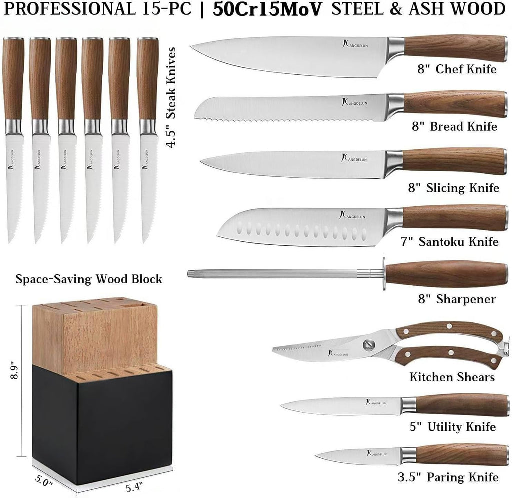 Ultra Sharp 15-Piece Kitchen Knife Set, High Carbon Stainless Steel Blades, Torrefied Brown Wood Handles, Ergonomic