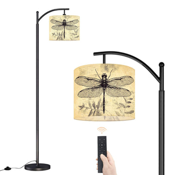 Inspired Arco Style Arc Floor Lamp Vintage Dragonfly Botanical Retro Fern Leaves Textured Intricate Wing Dimmable Modern Standing Lamp