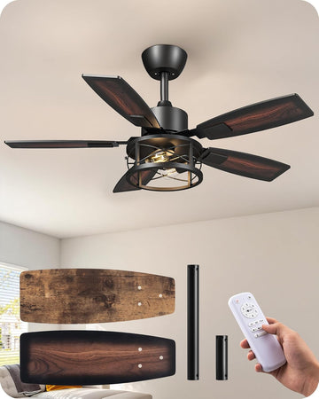 42" Farmhouse Ceiling Fans with Lights and Remote, 10%-100% Dimmable, Reversible DC Motor, 6 Speed, 5 Wooden Blades
