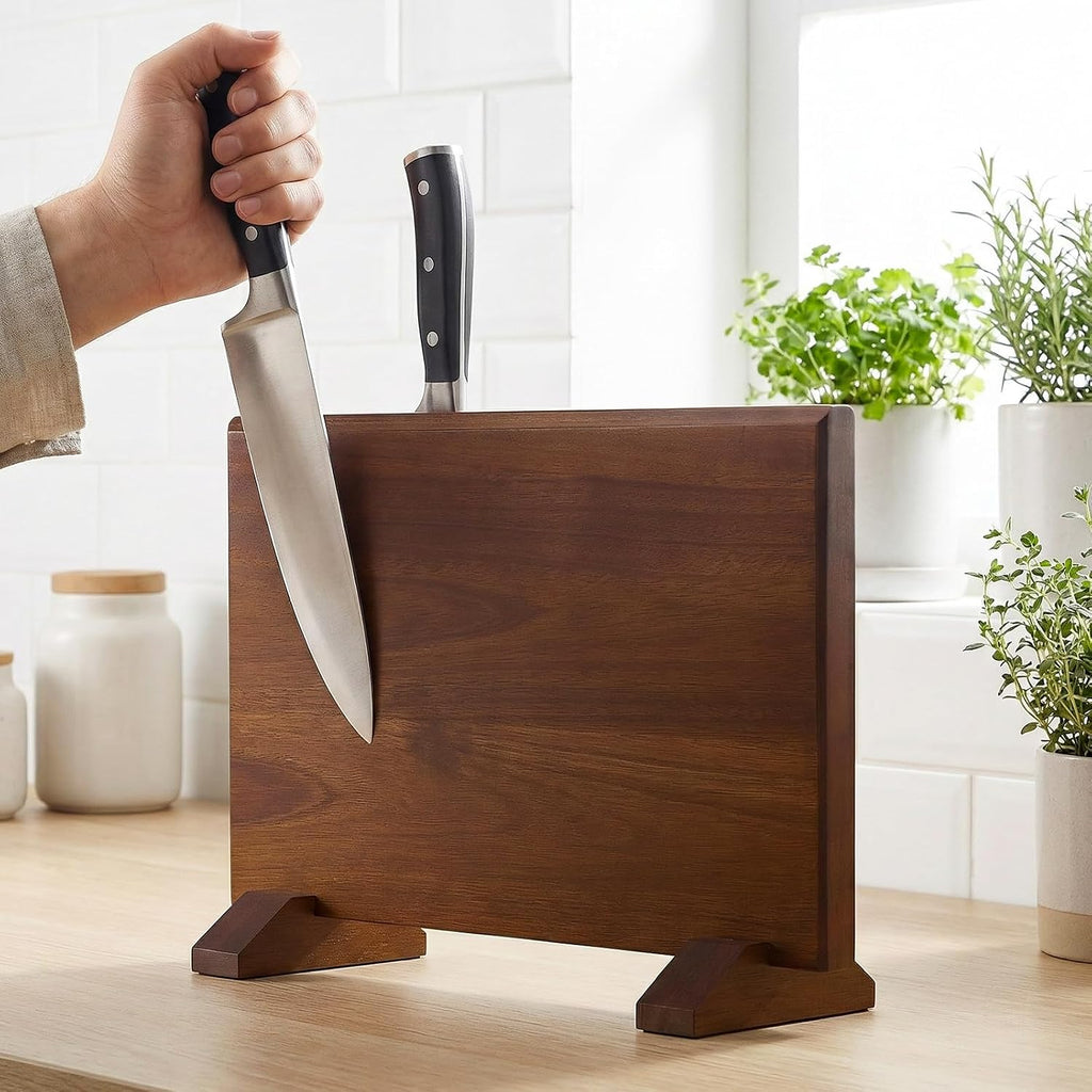 Magnetic Knife Block, Double-Sided Thick Acacia Wood Knife Holder Stand with Strong Magnets, Multifunctional Kitchen