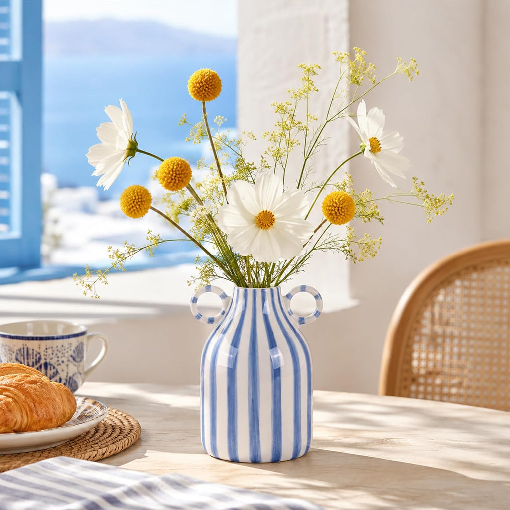 Blue and White Ceramic Vase with Handle, Nordic Boho Small Vases Side Table Flower Centerpiece, Wide Mouth Single