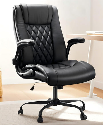 Executive Ergonomic Desk Chair with Flip-up Armrests PU Leather Height-Adjustable Swivel Rolling Dark