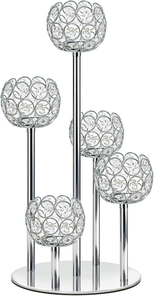 5-Arm Crystal Tealight Candelabra Centerpiece, 14.8 Inch Metal Candle Holder for Table Decor, Wedding, Christmas